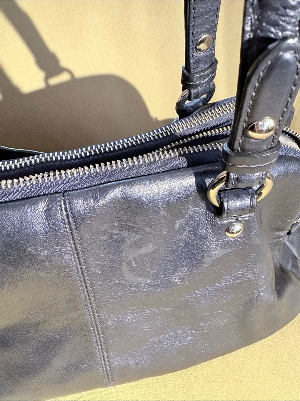 Coach Dark Navy Pearlescent Leather Double-Zip Shoulder Bag with Turn-Lock